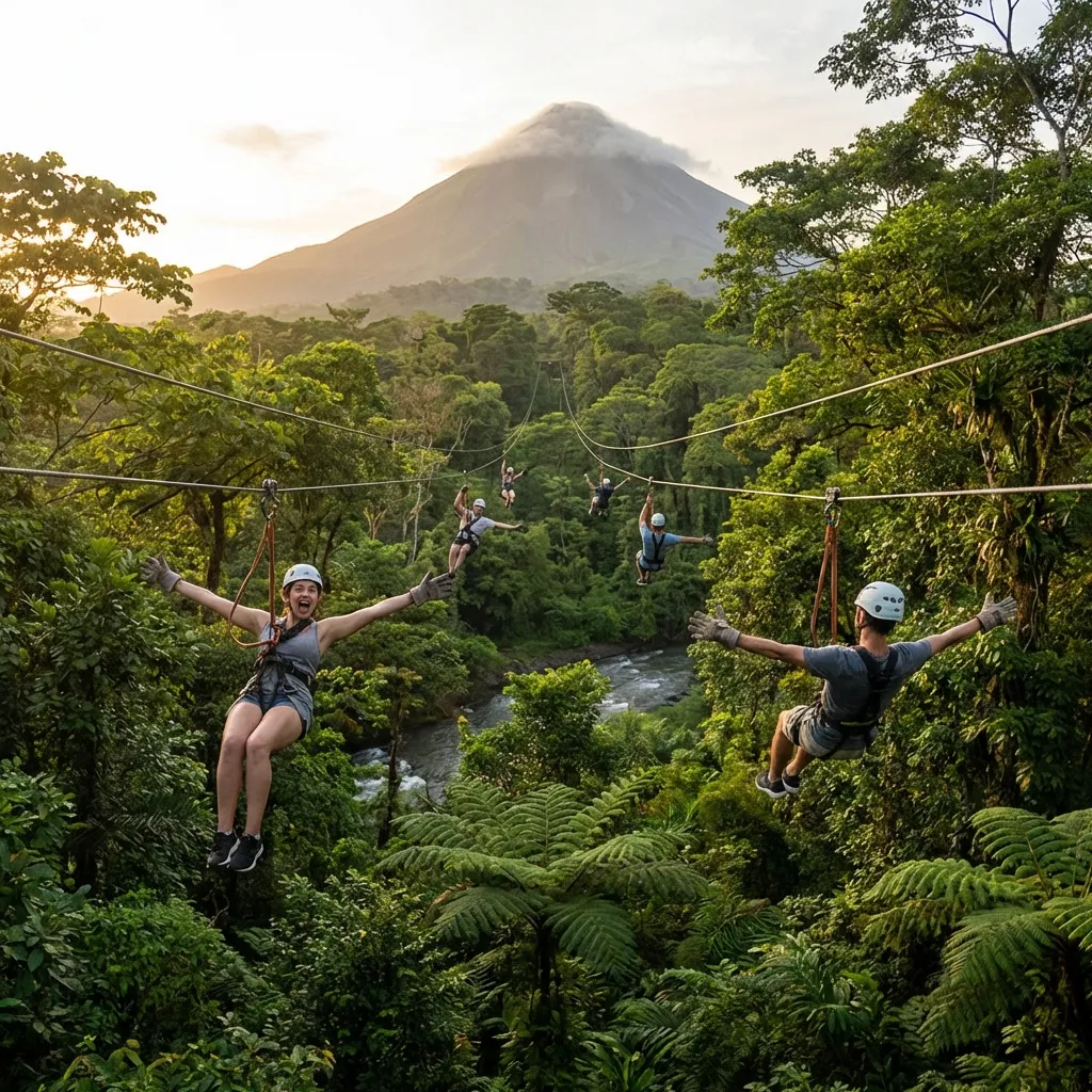 Ziplining adventure over Arenal Volcano rainforest canopy in Costa Rica