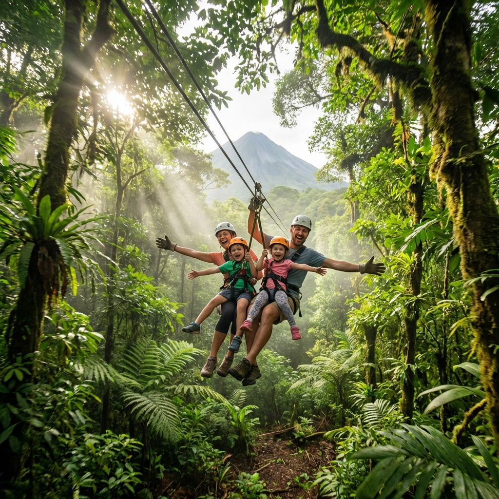 Family enjoying a safe tandem zipline adventure with children in the Arenal rainforest