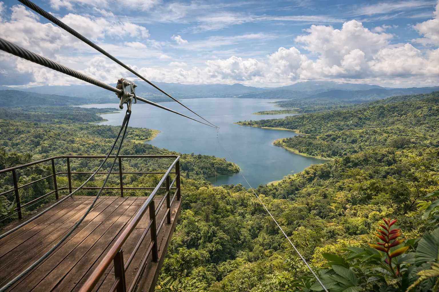 Stunning panoramic view of Lake Arenal from the top of a zipline launch site in Costa Rica