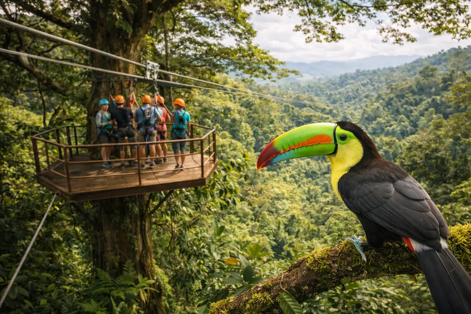Colorful Keel-billed Toucan spotted near a zipline platform in the Arenal rainforest canopy
