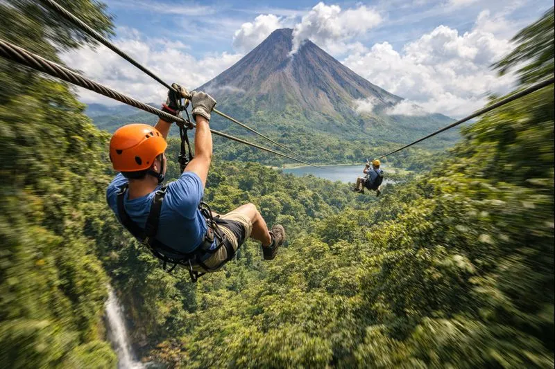 Adrenaline-filled zipline cable with the iconic Arenal Volcano peak as a stunning backdrop